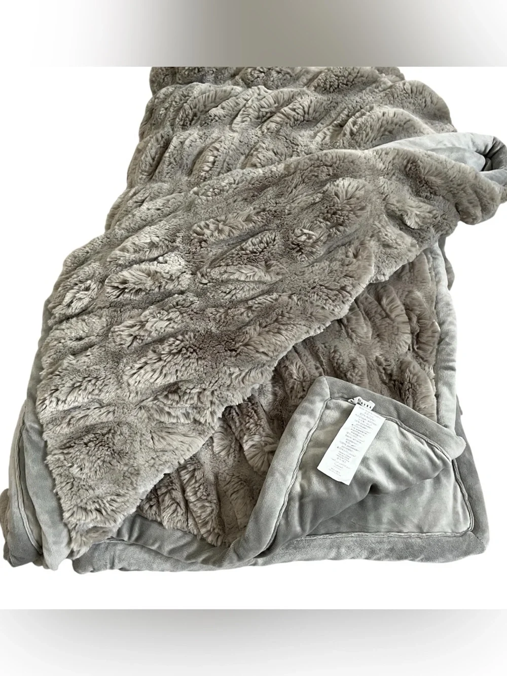Pottery Barn Ruched Faux Fur Throw Gray 60x80 Oversized Blanket Soft Cozy Luxury